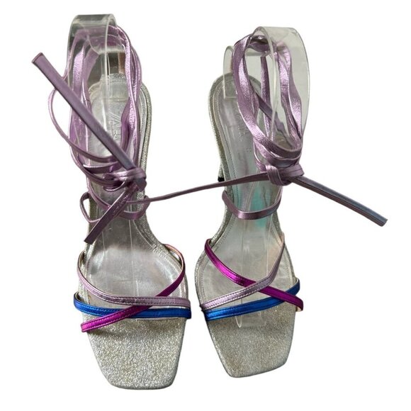 ZARA Blue Collection Sparkle Heels Lace-Up Glitter Metallic Formal Womens 7.5/38 - Picture 6 of 14